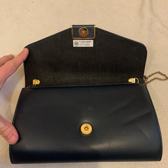 Vintage ANDE' Dark Blue Clutch Purse Evening Handbag Gold Chain Shoulder Strap - Picture 8 of 12